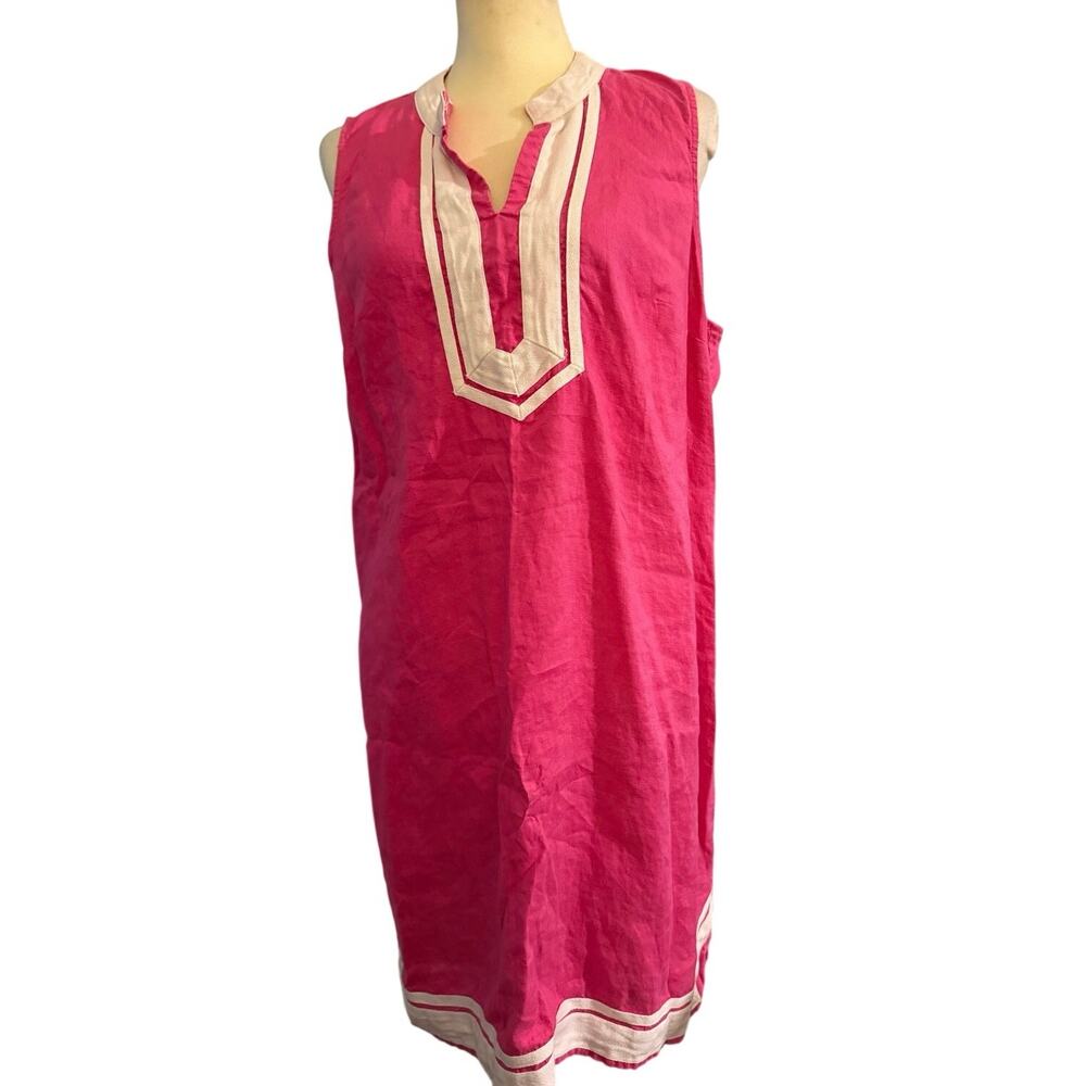 Crown & Ivy Pink Linen Shift Dress Sleeveless Embroidered Trim Tunic Coverup 14